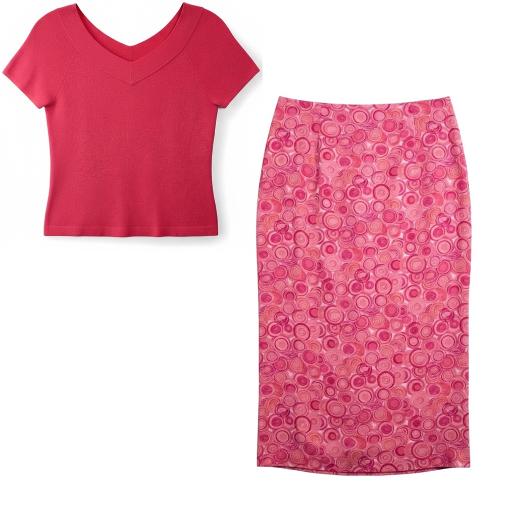 Talbots Petites Pink Knit Top & Circle Print Midi Skirt Set – Size P / 6P